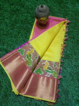 MANGALAGIRI PATTU IKKAT BORDER PLAIN SAREE