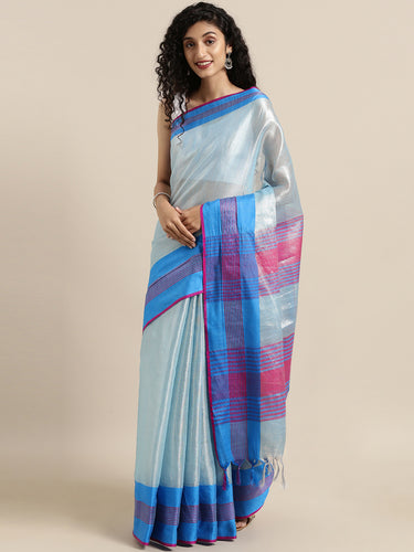 Attractive Stylish Silver Zari Linen Tissue Women's Sarees