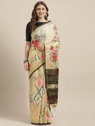 Latest Attractive Stylish Flower Print Linen Women's Sarees