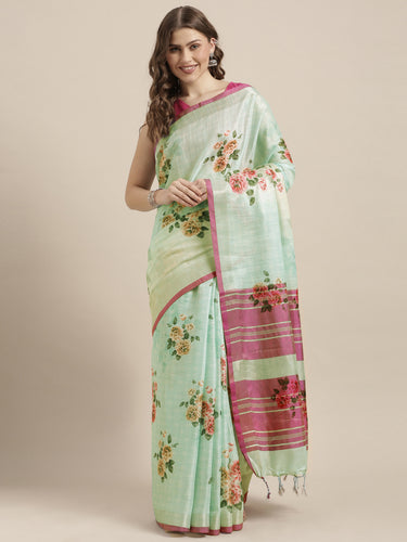 Latest Attractive Stylish Flower Print Linen Women's Sarees