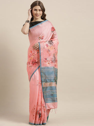 Latest Attractive Stylish Flower Print Linen Women's Sarees