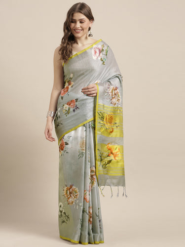 Latest Attractive Stylish Flower Print Linen Women's Sarees