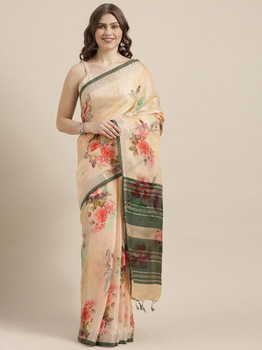 Latest Attractive Stylish Flower Print Linen Women's Sarees