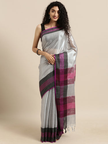 Attractive Stylish Silver Zari Linen Tissue Women's Sarees