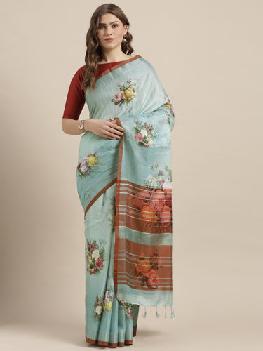 Latest Attractive Stylish Flower Print Linen Women's Sarees