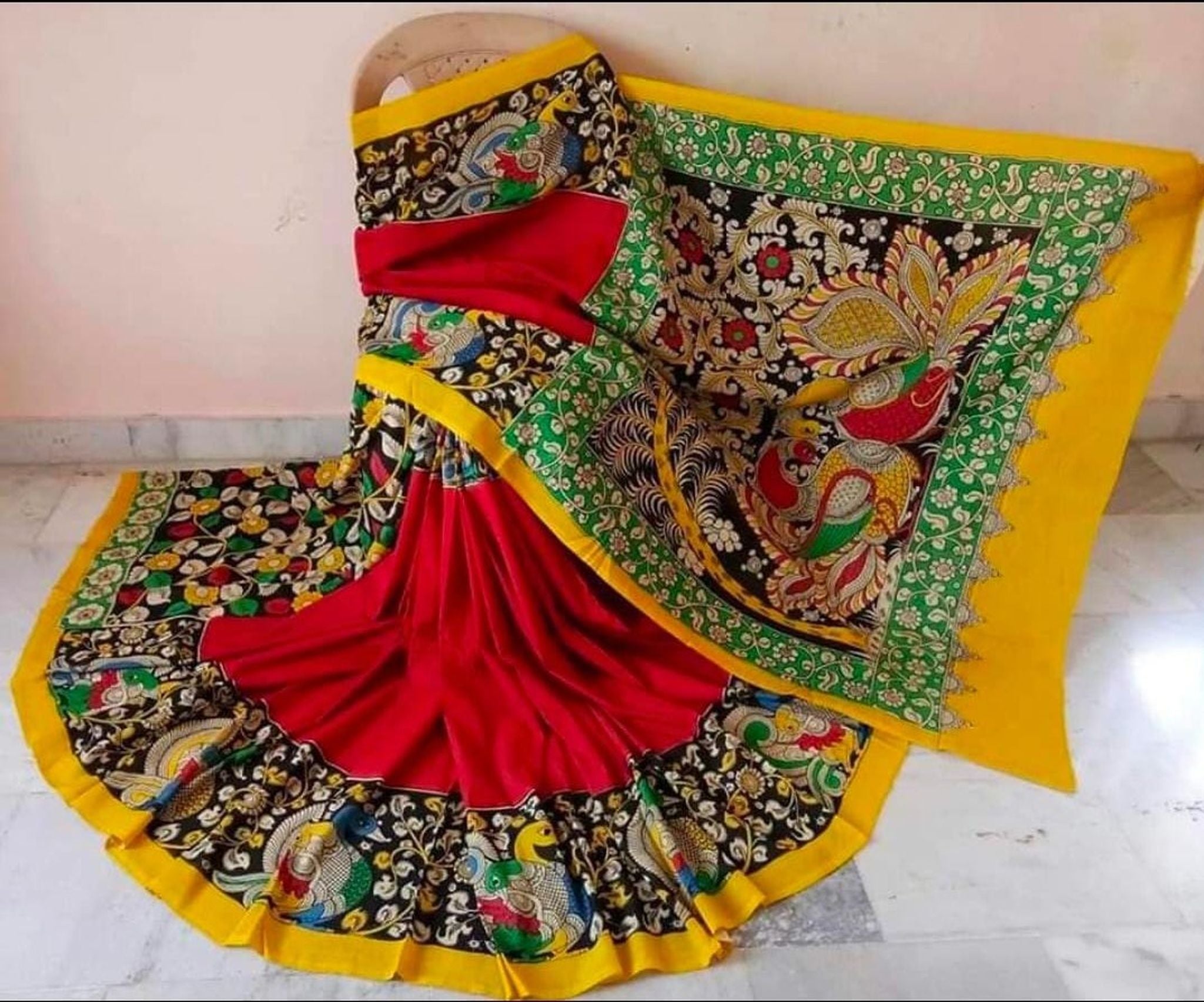 Kalamkari Chennuri Silk Multi Coloured Handpainted Saree