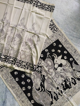 Kalamkari Chennuri Silk Black& white Hand Painted Sarees