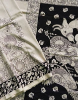 Load image into Gallery viewer, Kalamkari Chennuri Silk Black&amp; white Hand Painted Sarees