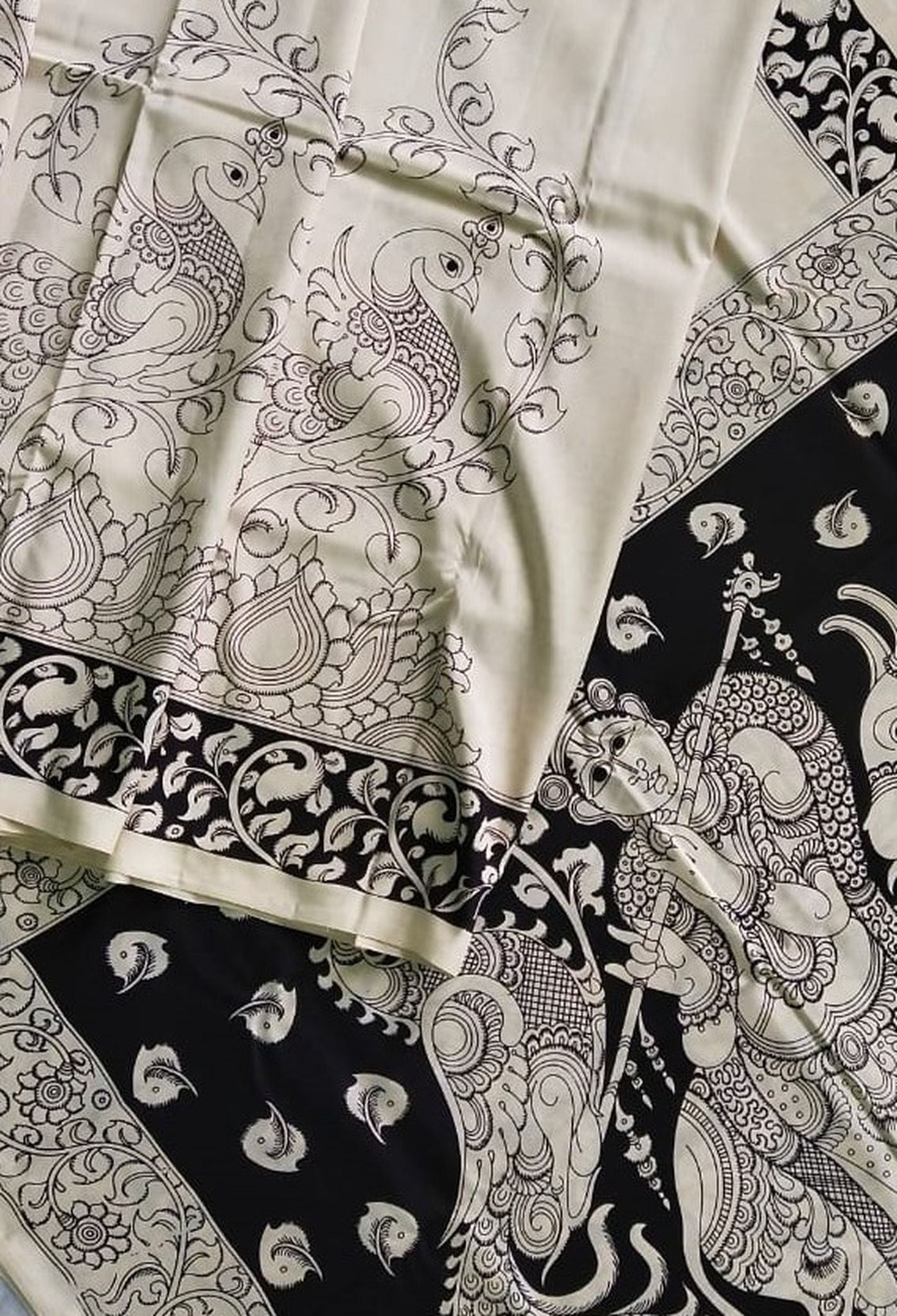 Kalamkari Chennuri Silk Black& white Hand Painted Sarees