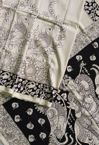 Kalamkari Chennuri Silk Black& white Hand Painted Sarees