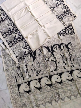 Kalamkari Chennuri Silk Black& white Hand Painted Sarees