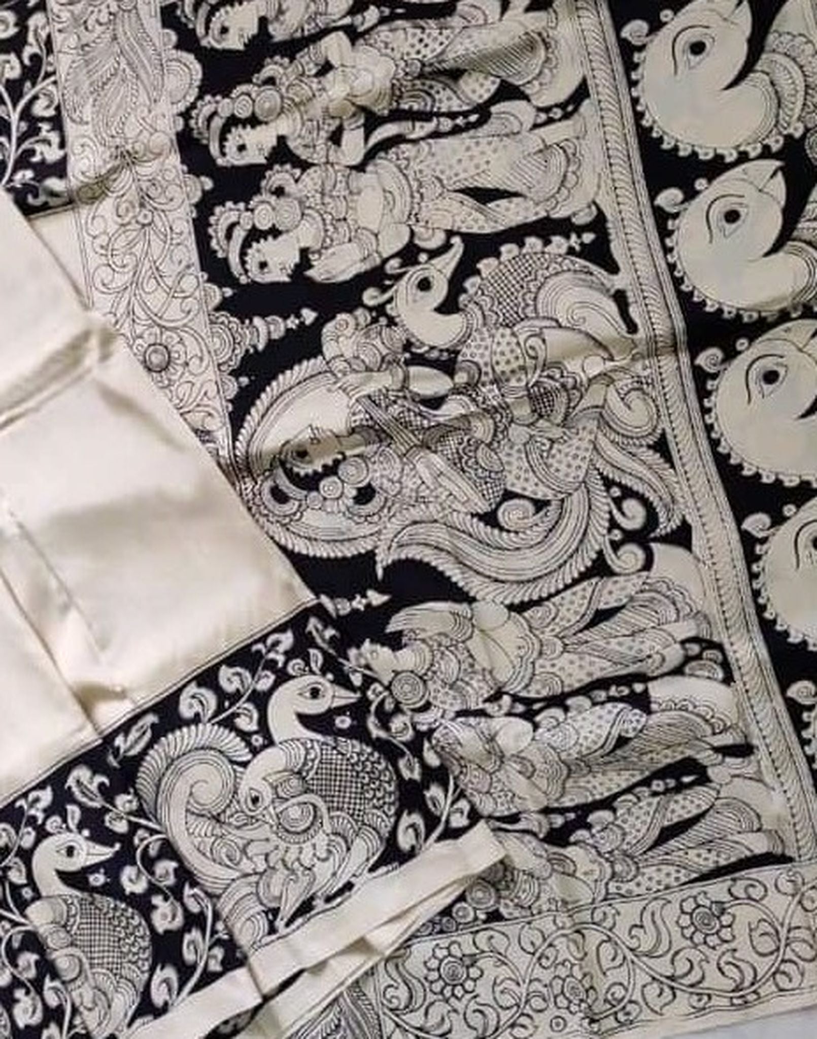 Kalamkari Chennuri Silk Black& white Hand Painted Sarees