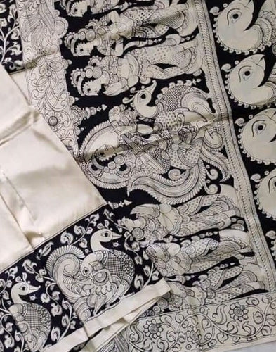 Kalamkari Chennuri Silk Black& white Hand Painted Sarees