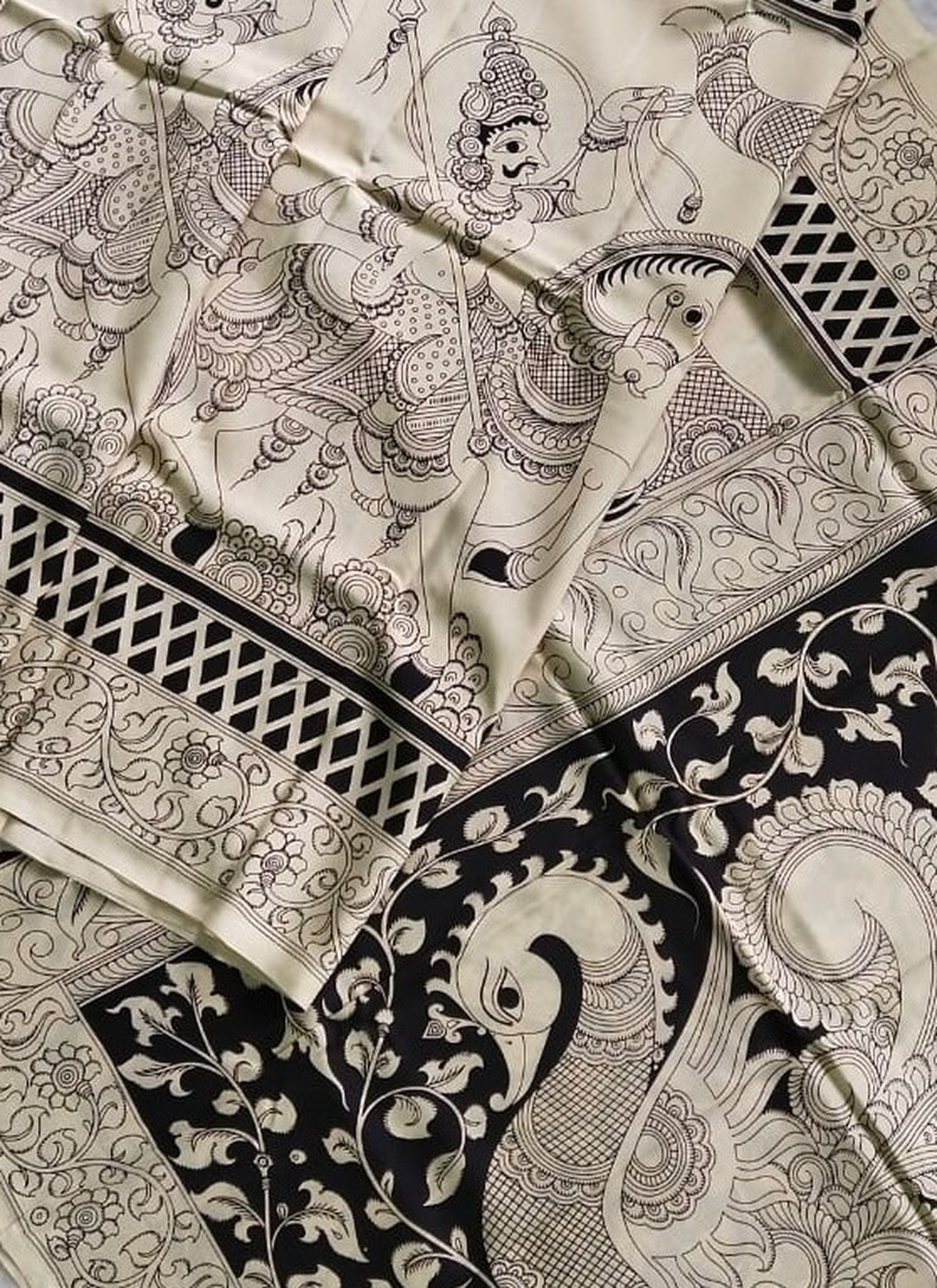Kalamkari Chennuri Silk Black& white Hand Painted Sarees