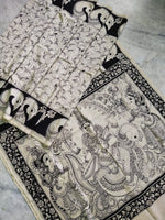 Load image into Gallery viewer, Kalamkari Chennuri Silk Black&amp; white Hand Painted Sarees