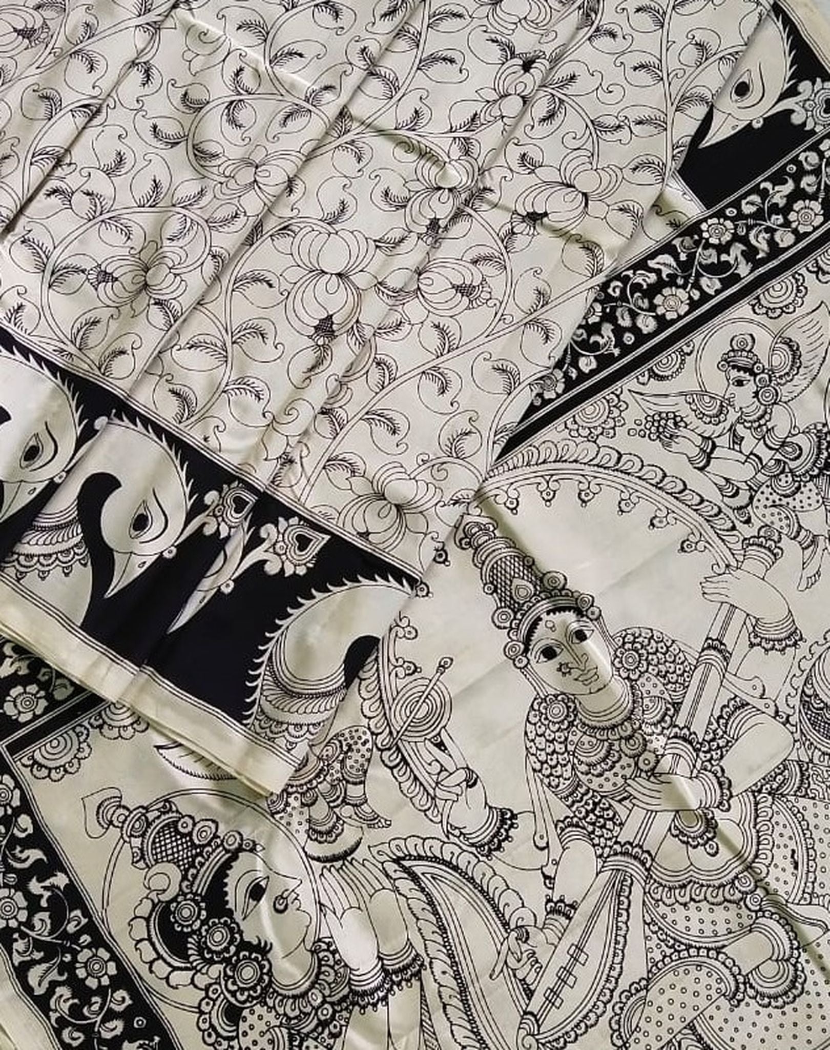 Kalamkari Chennuri Silk Black& white Hand Painted Sarees