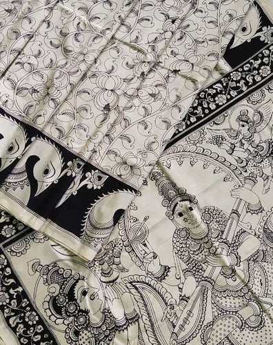 Kalamkari Chennuri Silk Black& white Hand Painted Sarees