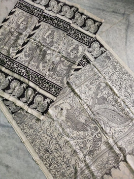 Kalamkari Chennuri Silk Black& white Hand Painted Sarees