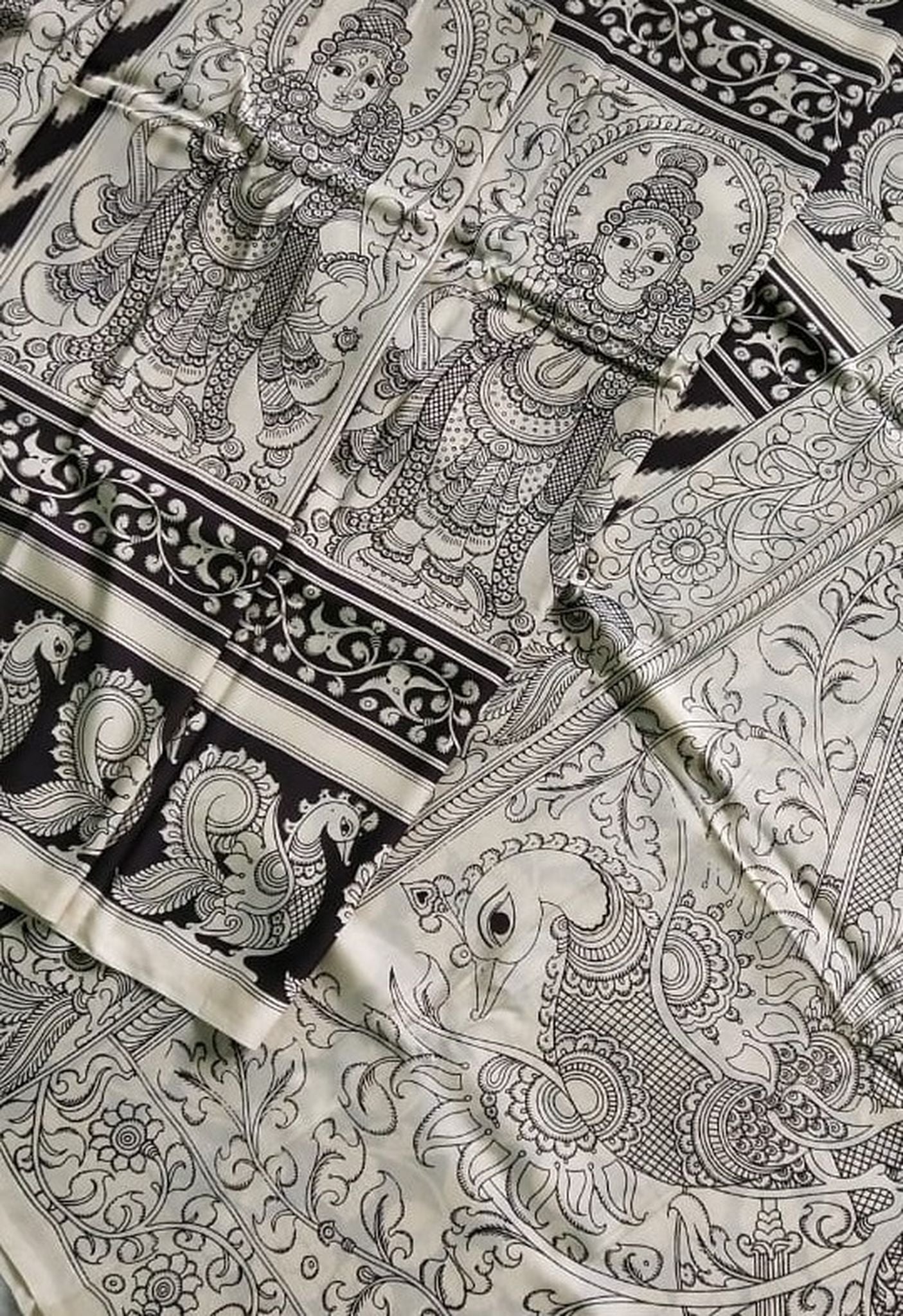 Kalamkari Chennuri Silk Black& white Hand Painted Sarees