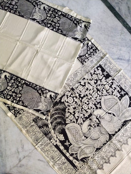 Kalamkari Chennuri Silk Black& white Hand Painted Sarees