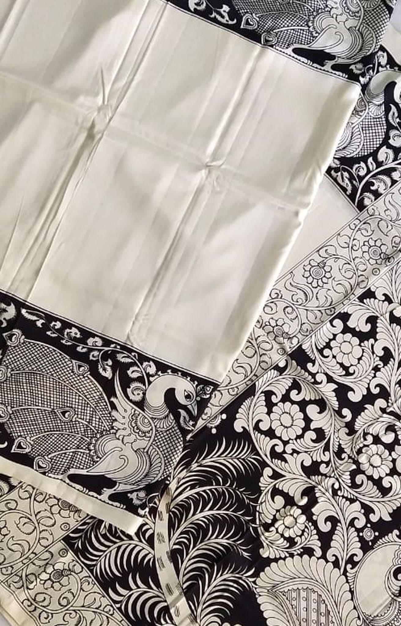 Kalamkari Chennuri Silk Black& white Hand Painted Sarees