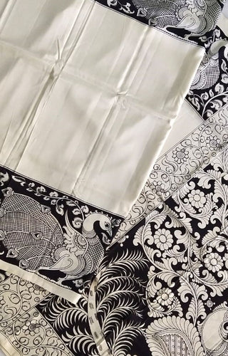 Kalamkari Chennuri Silk Black& white Hand Painted Sarees
