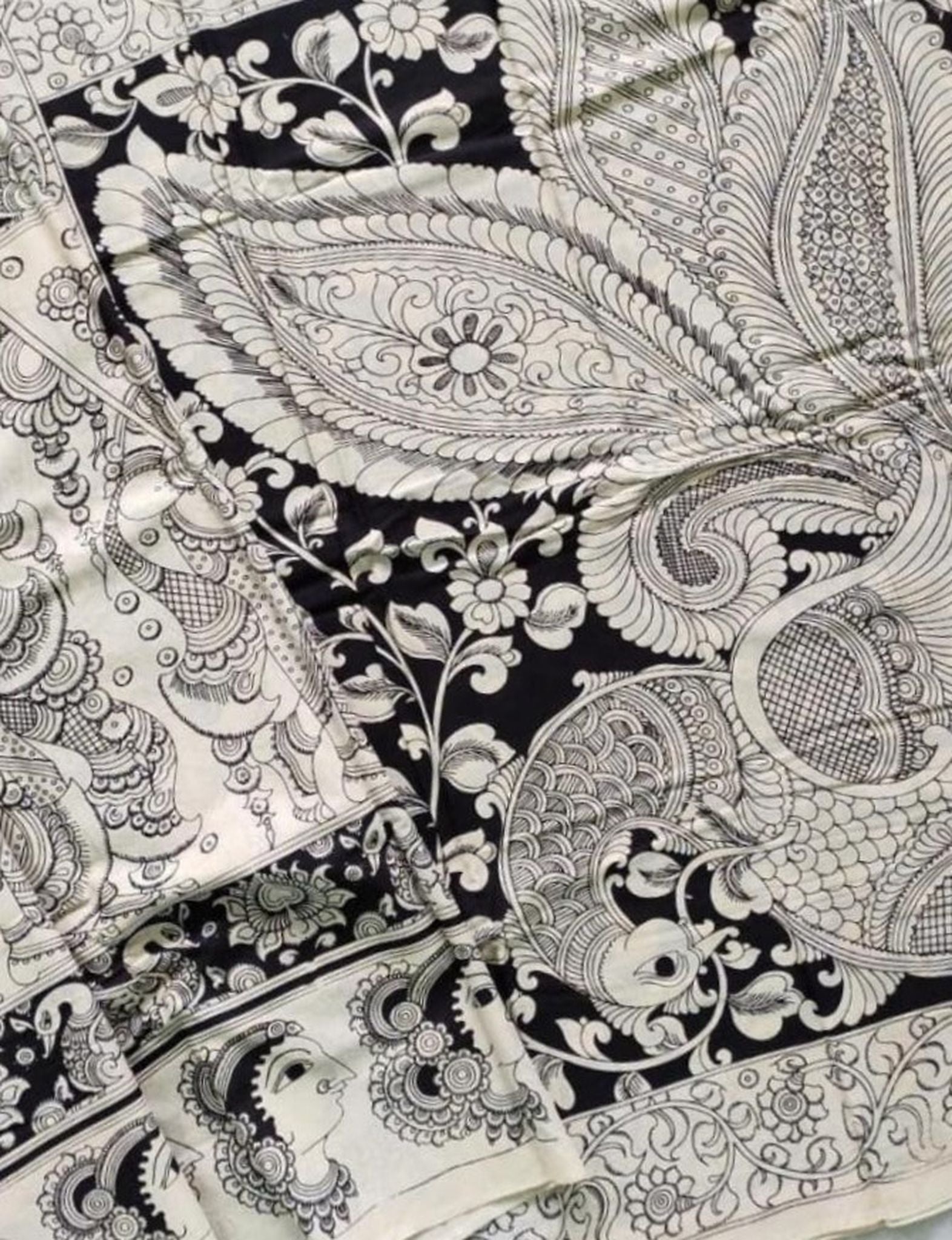 Kalamkari Chennuri Silk Black& white Hand Painted Sarees