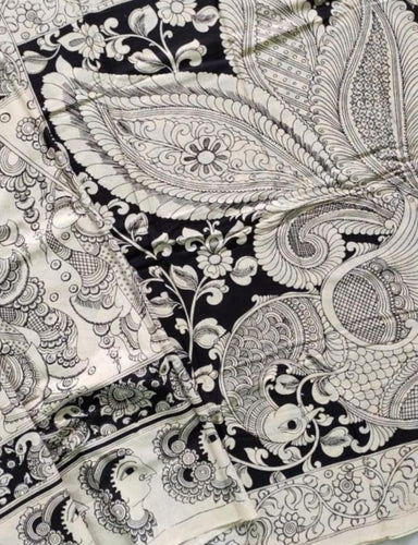 Kalamkari Chennuri Silk Black& white Hand Painted Sarees