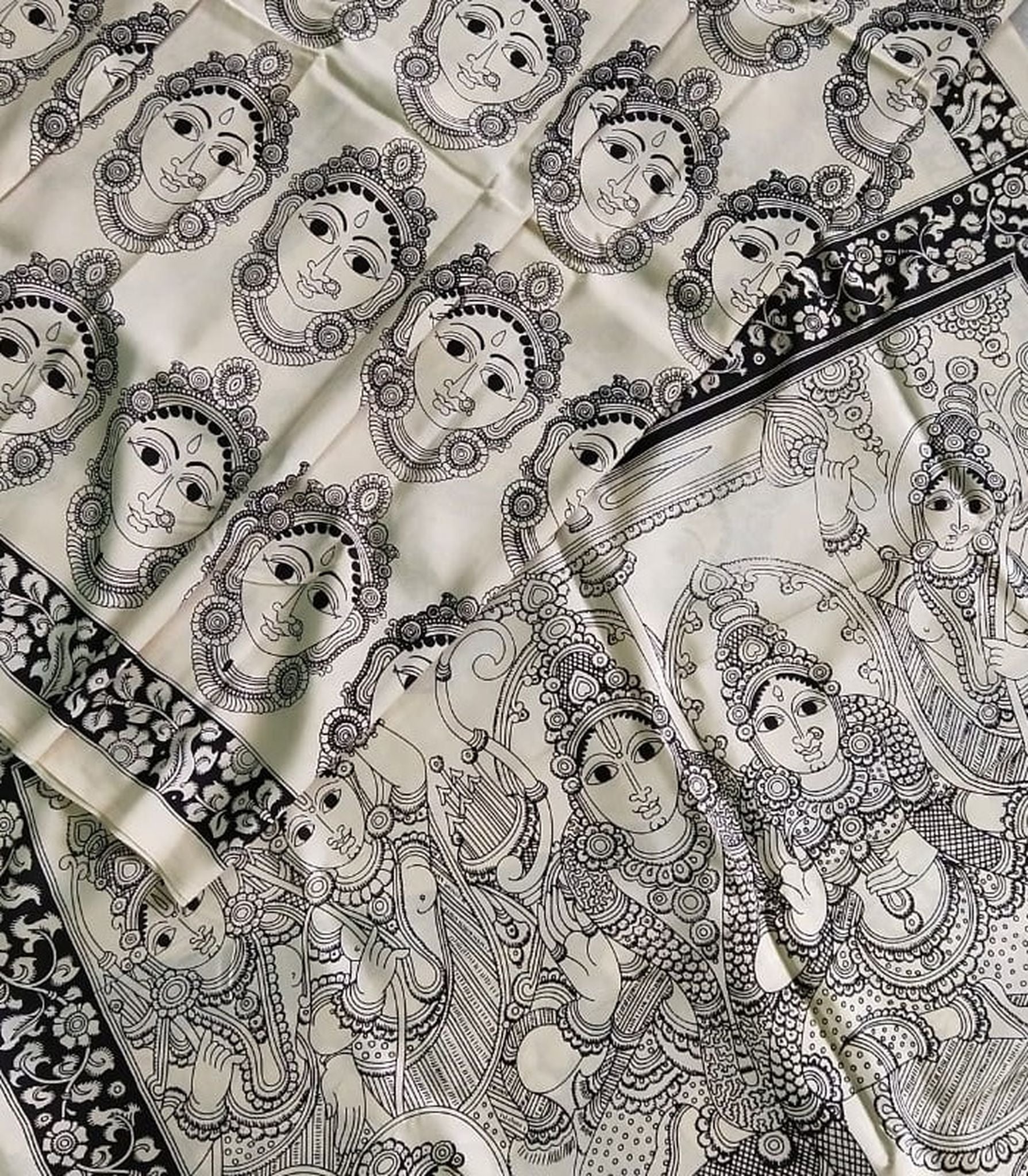 Kalamkari Chennuri Silk Black& white Hand Painted Sarees