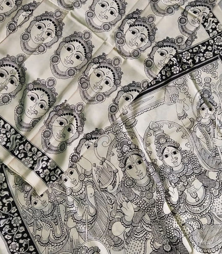 Kalamkari Chennuri Silk Black& white Hand Painted Sarees