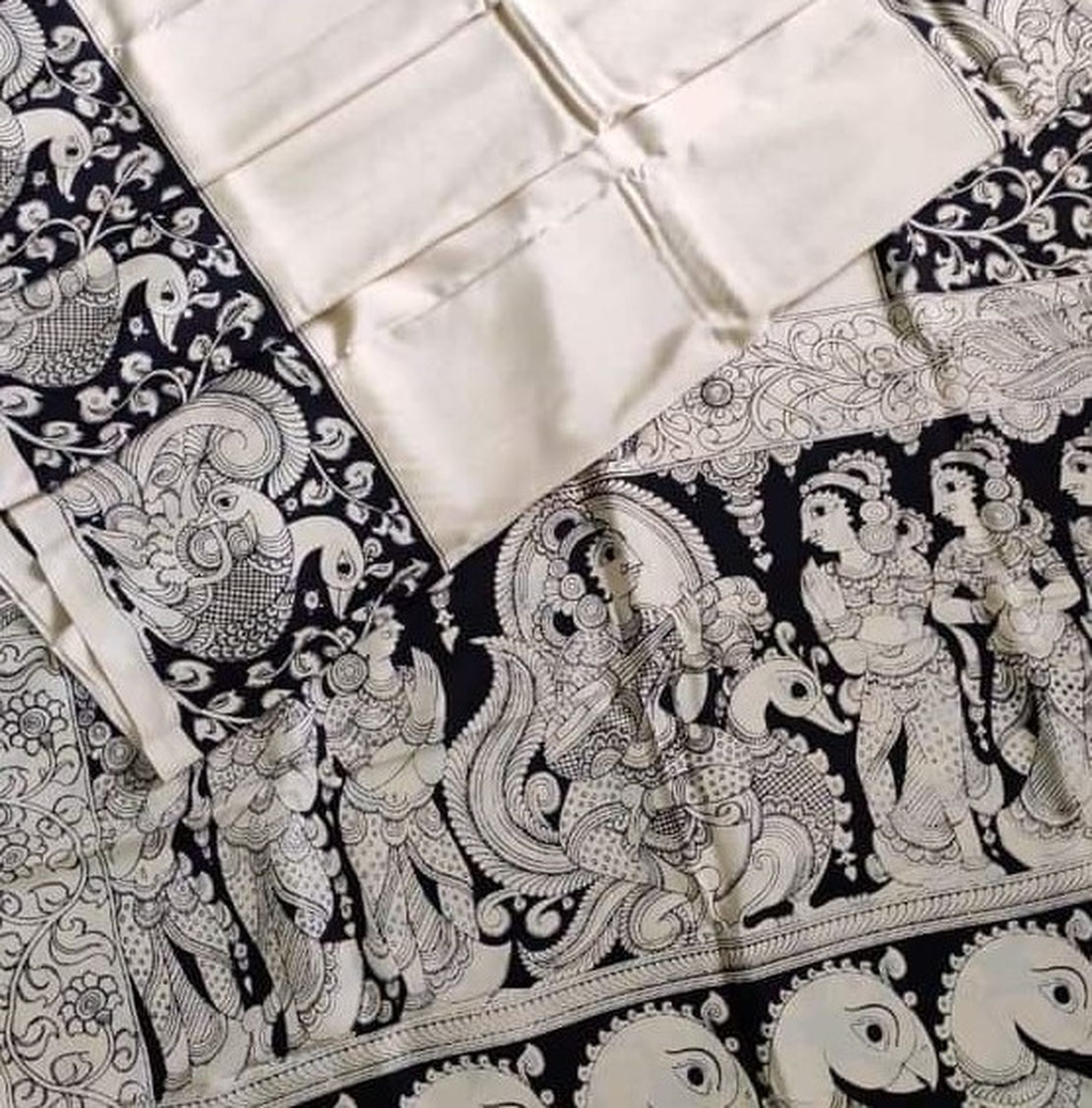Kalamkari Chennuri Silk Black& white Hand Painted Sarees