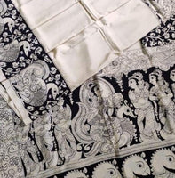 Load image into Gallery viewer, Kalamkari Chennuri Silk Black&amp; white Hand Painted Sarees