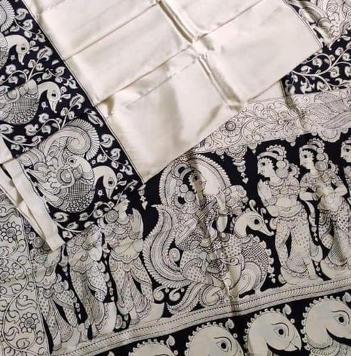 Kalamkari Chennuri Silk Black& white Hand Painted Sarees