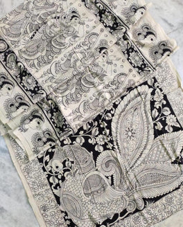 Kalamkari Chennuri Silk Black& white Hand Painted Sarees