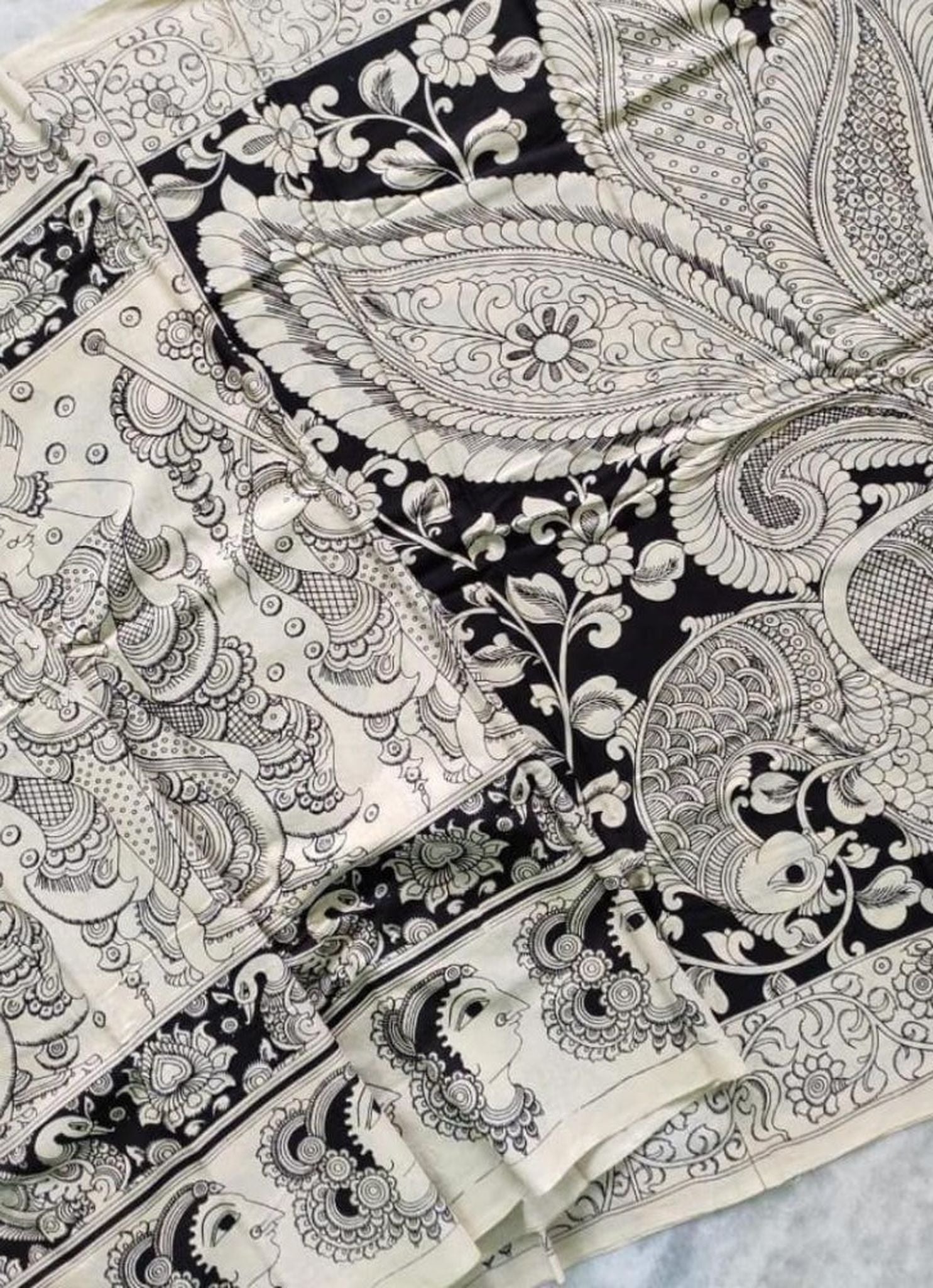 Kalamkari Chennuri Silk Black& white Hand Painted Sarees