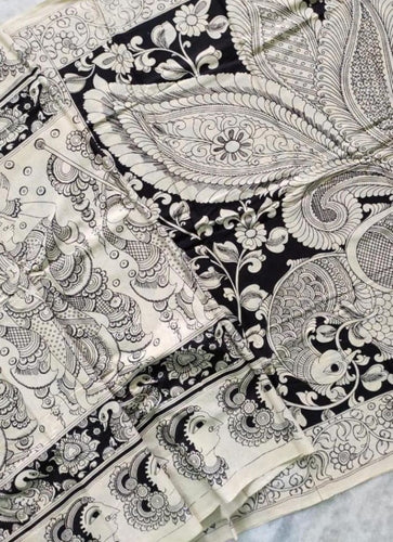 Kalamkari Chennuri Silk Black& white Hand Painted Sarees
