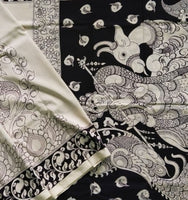 Load image into Gallery viewer, Kalamkari Chennuri Silk Black&amp; white Hand Painted Sarees