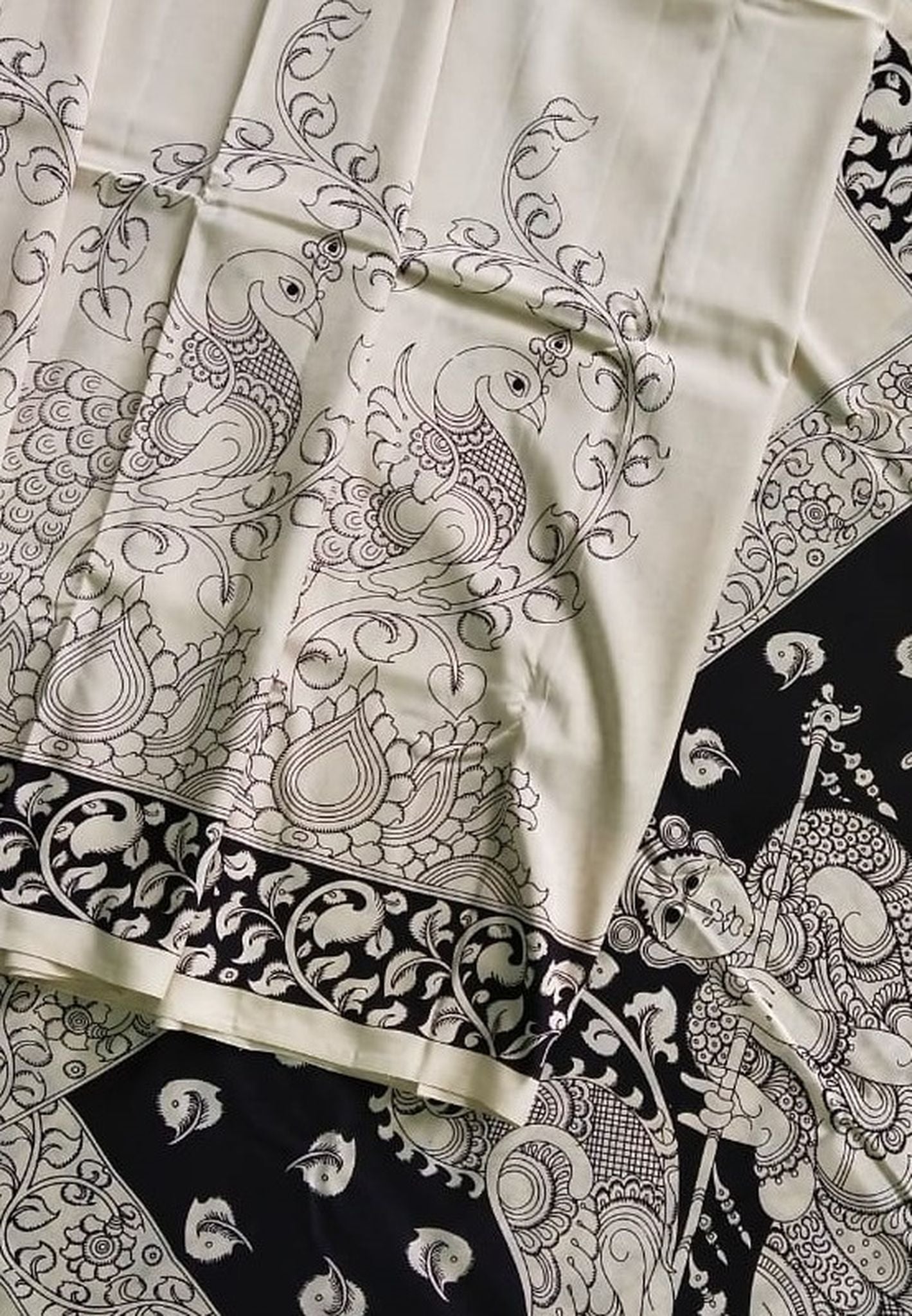 Kalamkari Chennuri Silk Black& white Hand Painted Sarees