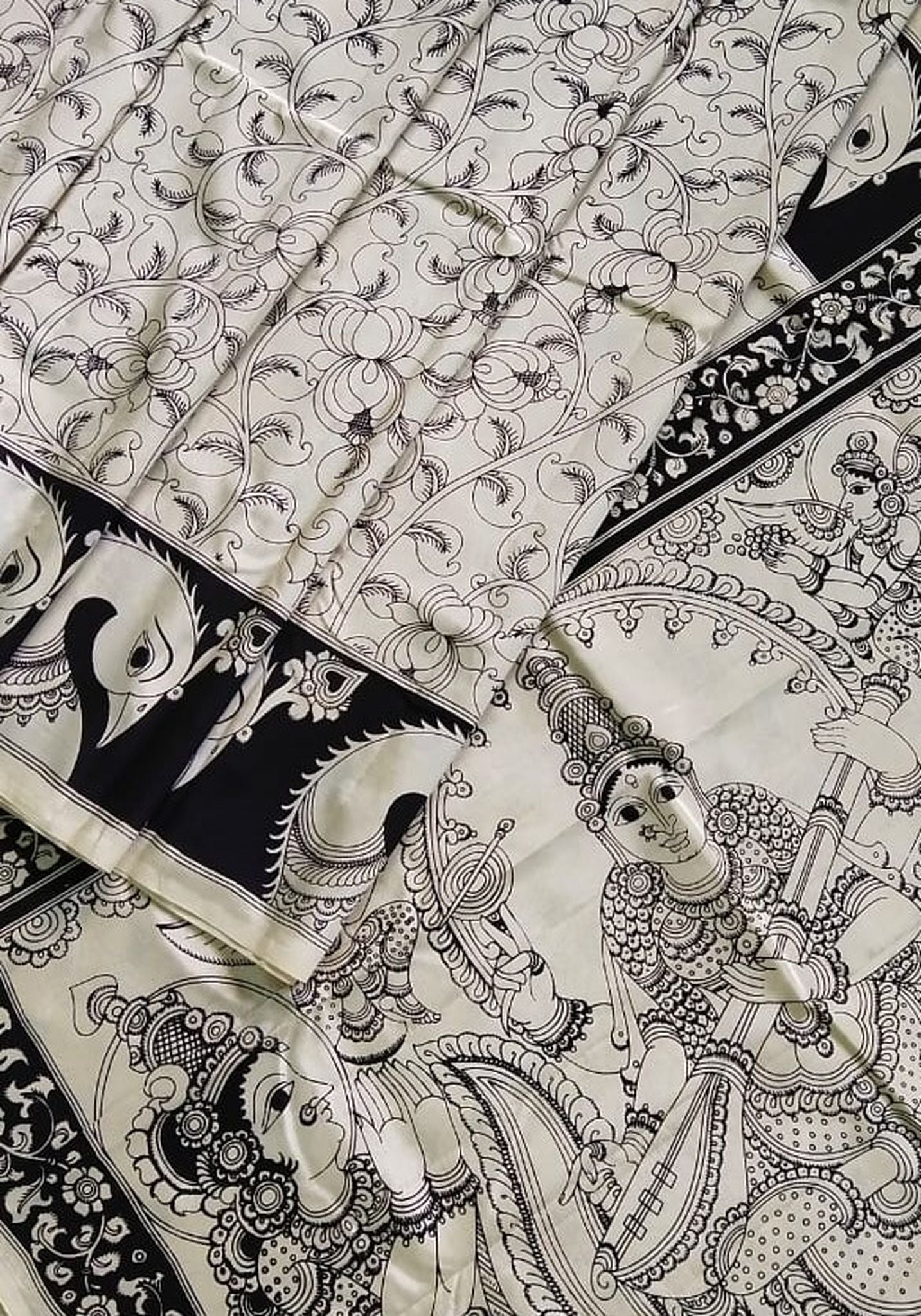 Kalamkari Chennuri Silk Black& white Hand Painted Sarees