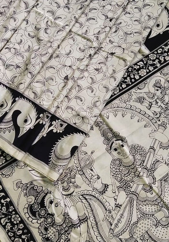 Kalamkari Chennuri Silk Black& white Hand Painted Sarees