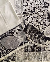 Load image into Gallery viewer, Kalamkari Chennuri Silk Black&amp; white Hand Painted Sarees
