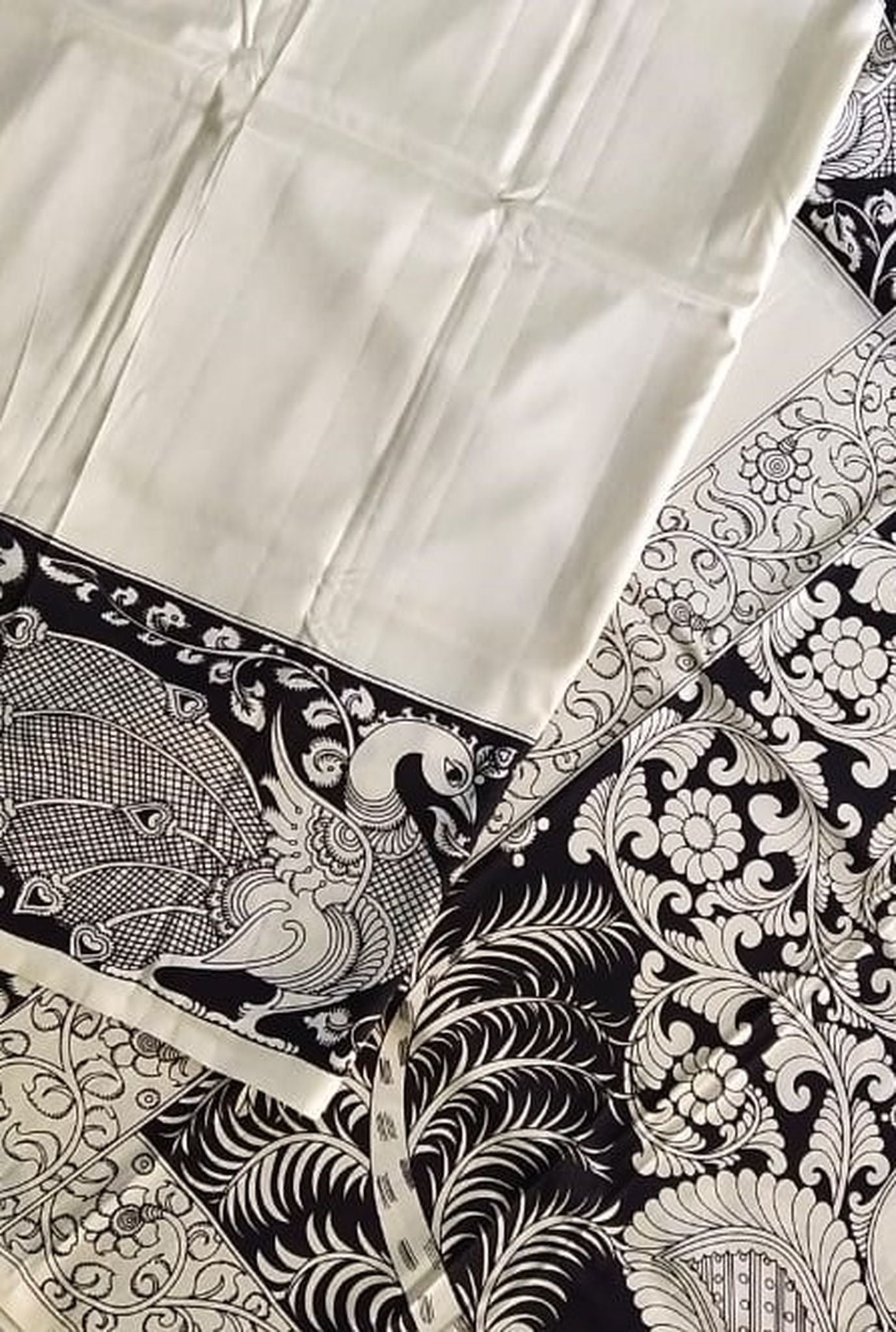Kalamkari Chennuri Silk Black& white Hand Painted Sarees