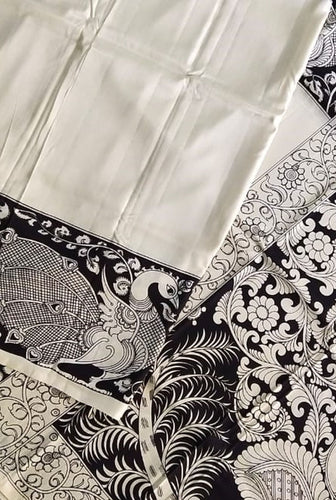 Kalamkari Chennuri Silk Black& white Hand Painted Sarees