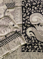 Load image into Gallery viewer, Kalamkari Chennuri Silk Black&amp; white Hand Painted Sarees