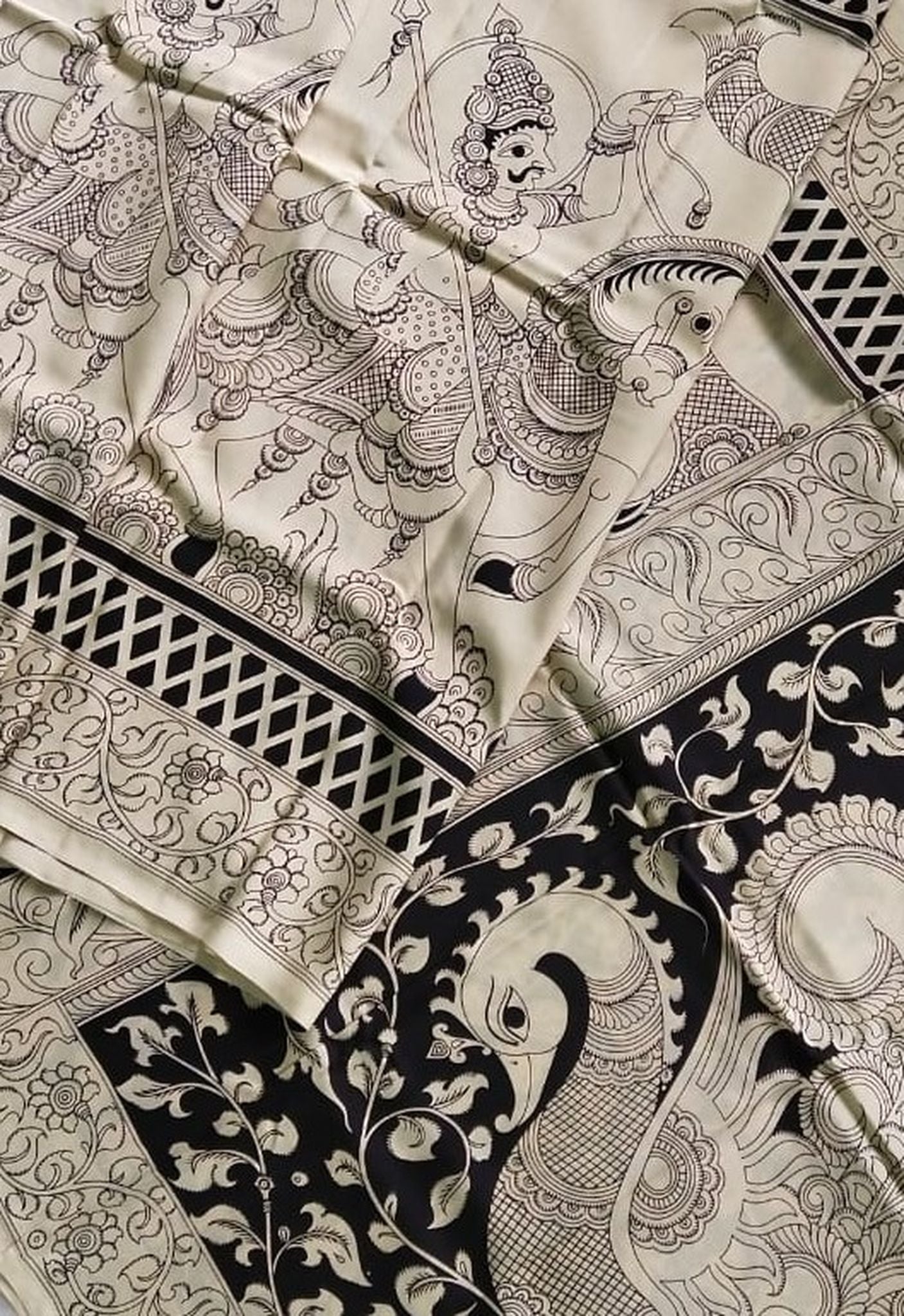 Kalamkari Chennuri Silk Black& white Hand Painted Sarees