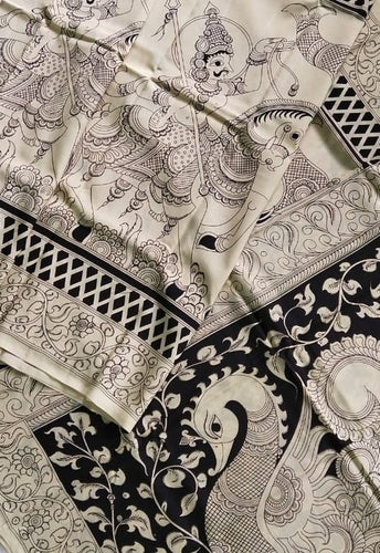 Kalamkari Chennuri Silk Black& white Hand Painted Sarees