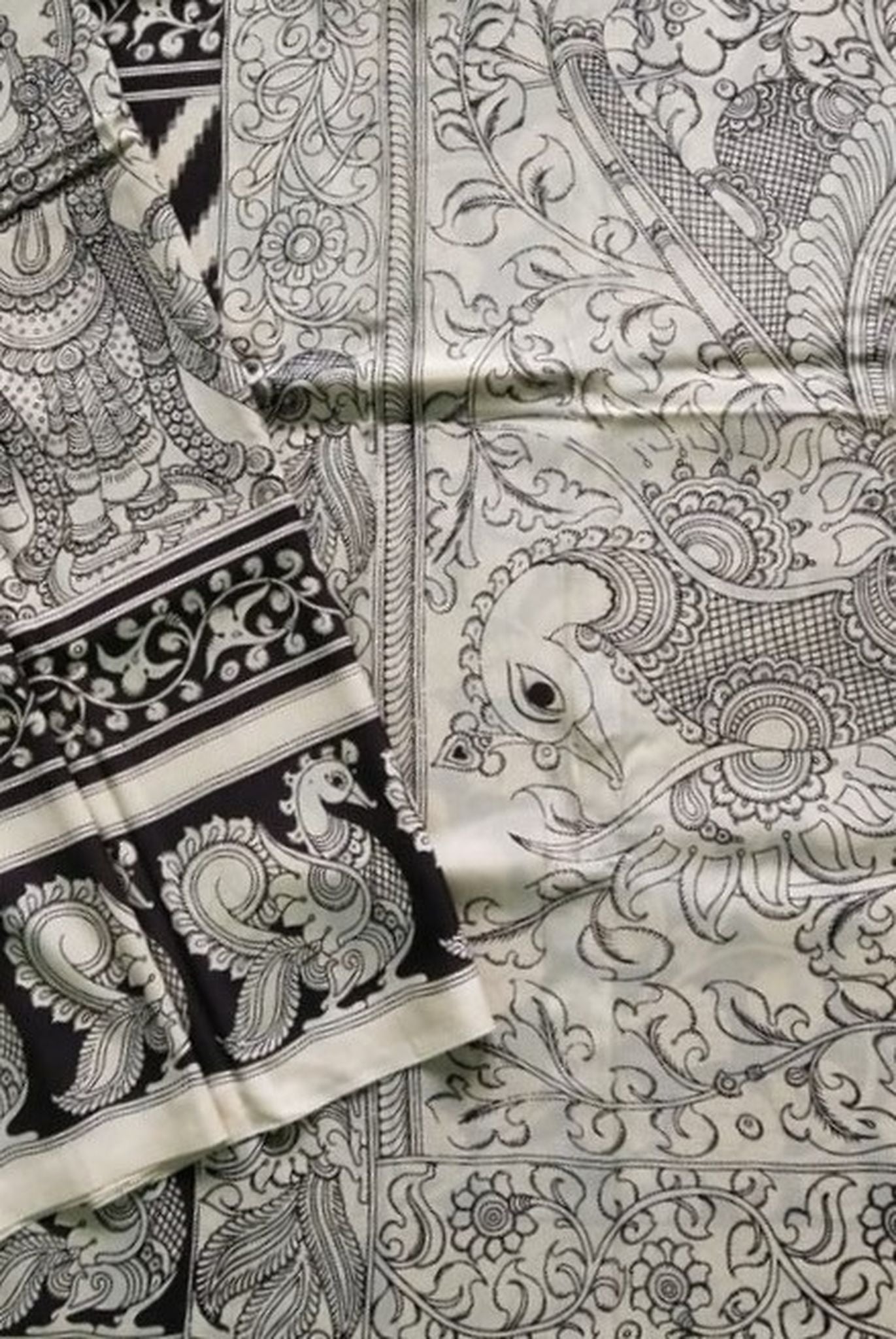 Kalamkari Chennuri Silk Black& white Hand Painted Sarees