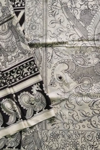 Kalamkari Chennuri Silk Black& white Hand Painted Sarees