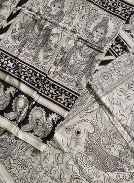 Kalamkari Chennuri Silk Black& white Hand Painted Sarees