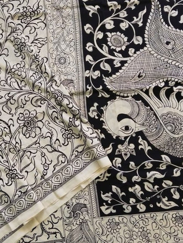 Kalamkari Chennuri Silk Black& white Hand Painted Sarees